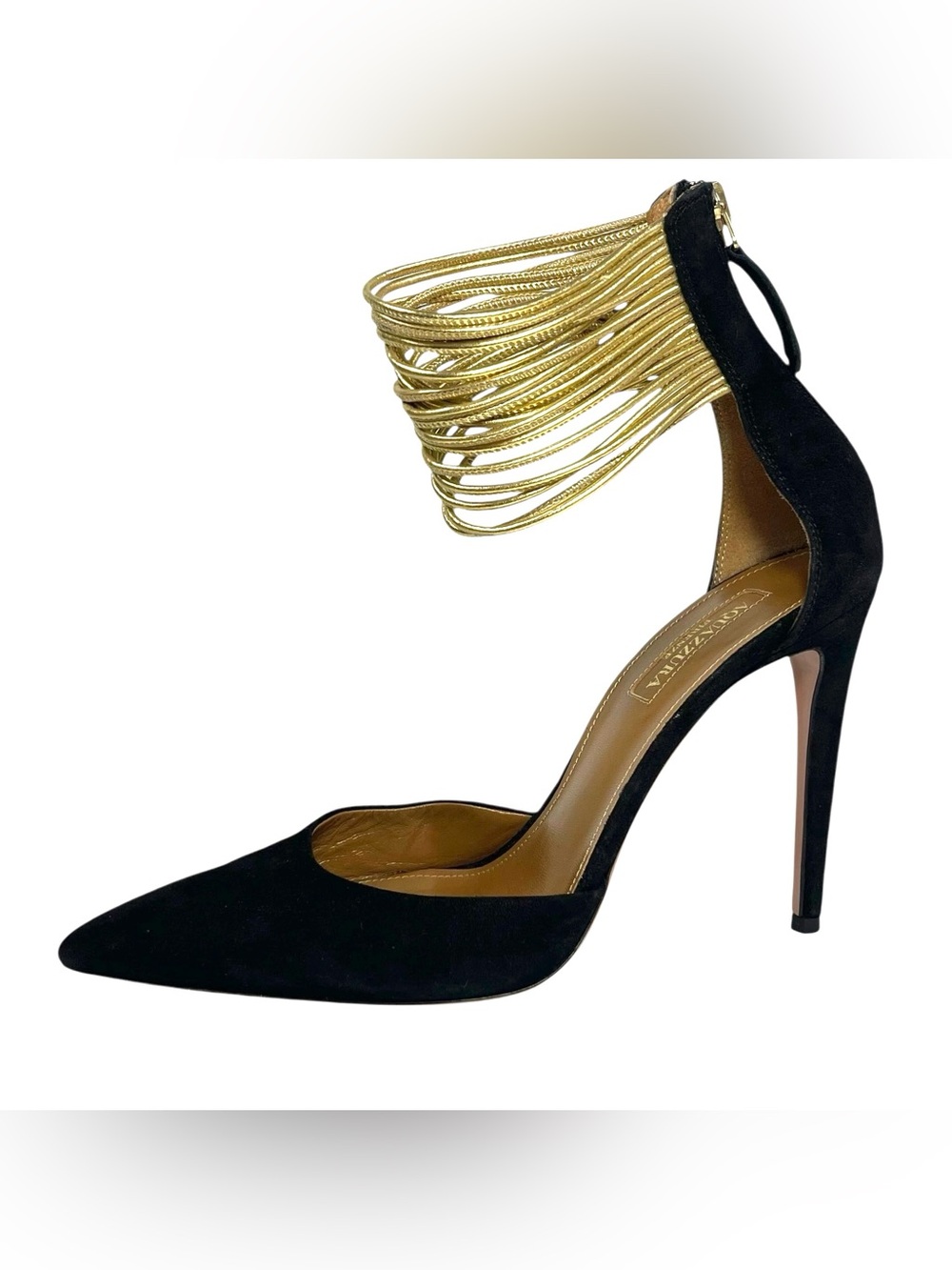 AQUAZZURA Firenze Black Suede Gold Zip Back Pointed Toe Heels 37 7